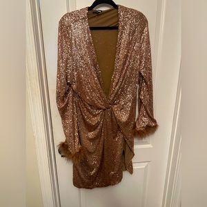 Rosegold Sequin dress with feathers on the arm sleeves. Worn once